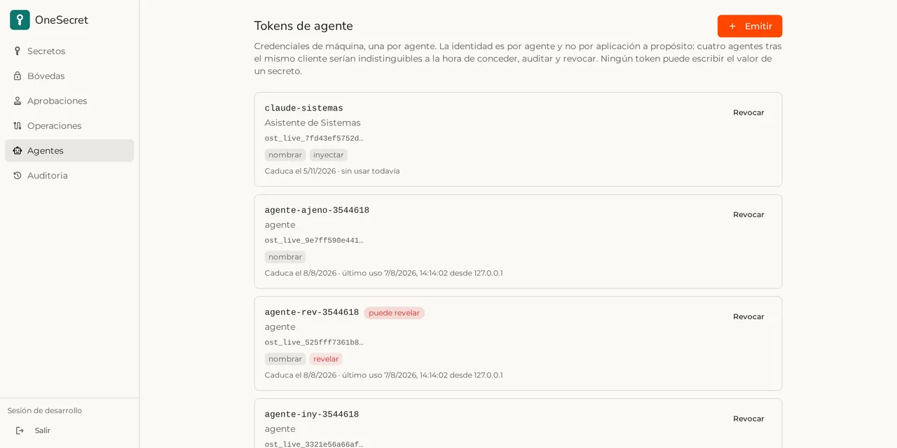 Inventario de tokens de agente de OneSecret, con las capacidades concedidas a cada uno